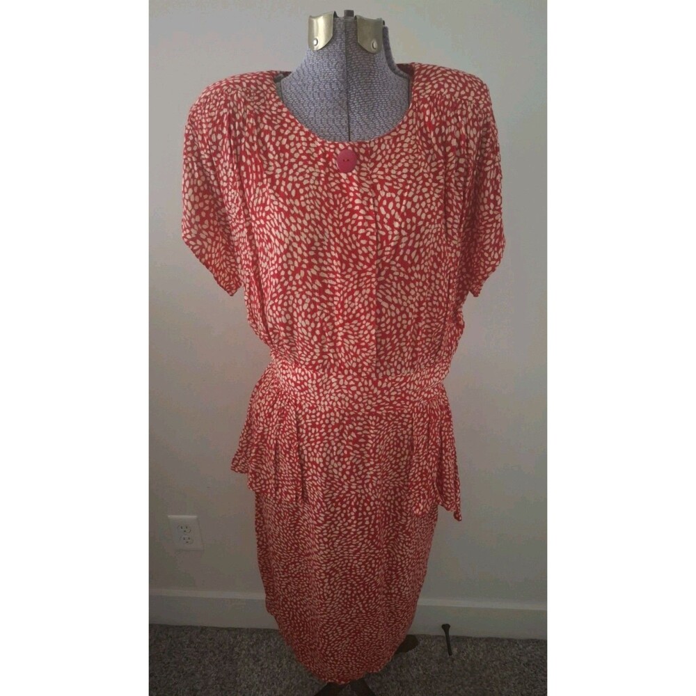 Vtg Red & Cream Tareti Peplum Dress 1980s Rayon Flutter Sleeve Retro Sz 8 VGC